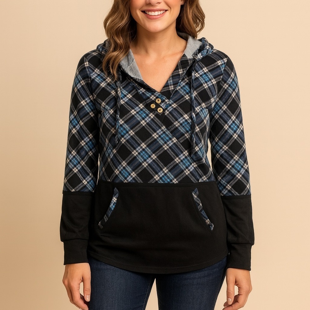 Vaolia Women's Plaid Black and Blue Hoodie Size XL